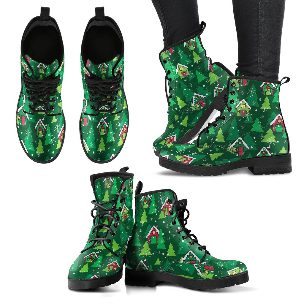 Christmas Tree Pattern Print Men Women Leather Boots-grizzshop