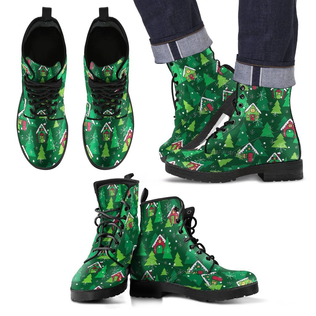 Christmas Tree Pattern Print Men Women Leather Boots-grizzshop