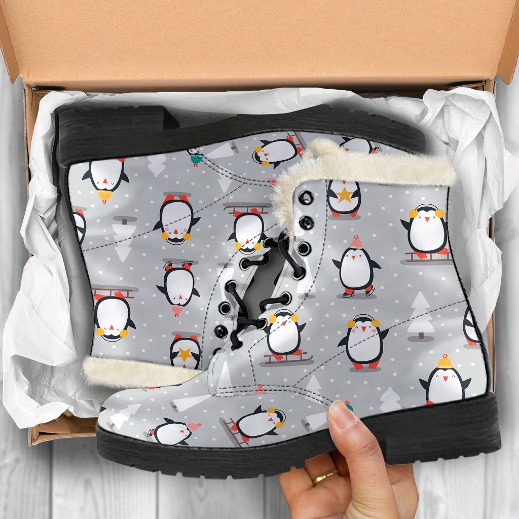 Christmas Tree Penguin Pattern Print Comfy Winter Boots-grizzshop