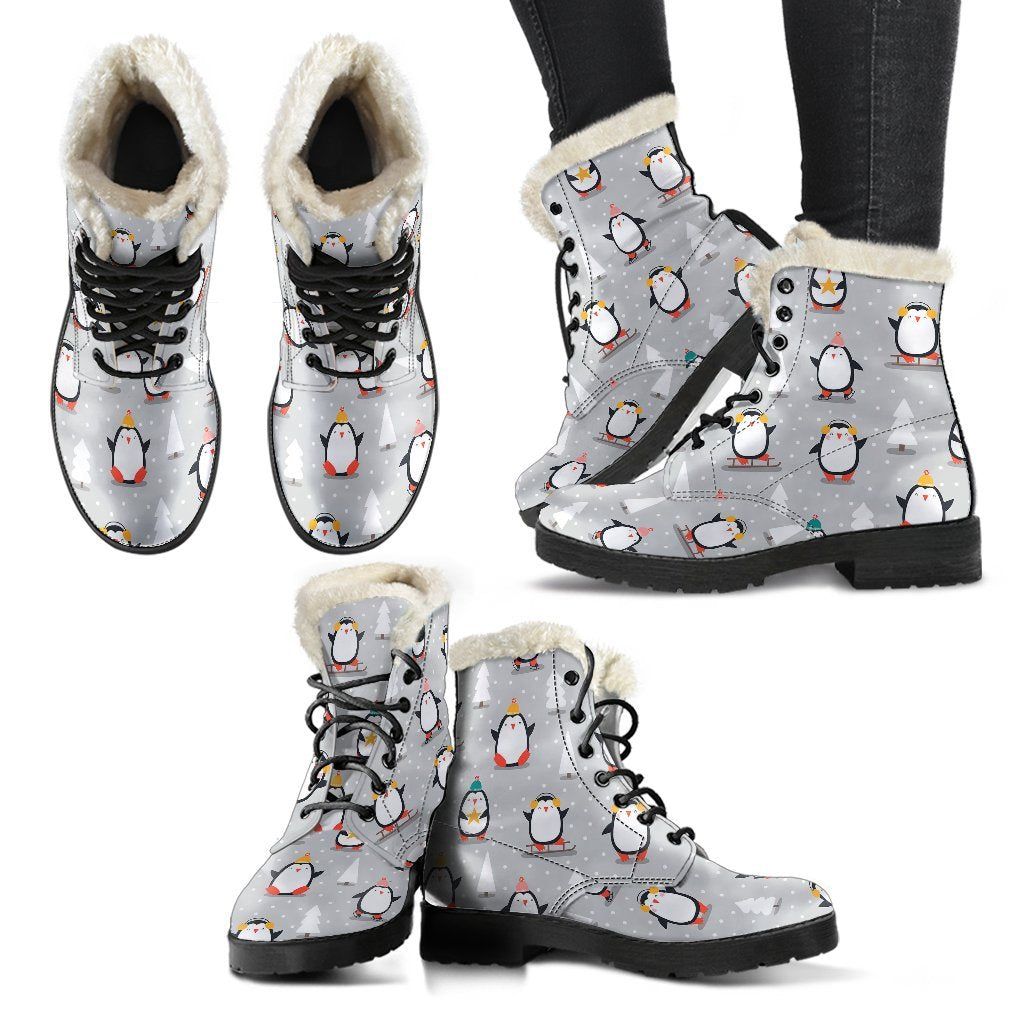 Christmas Tree Penguin Pattern Print Comfy Winter Boots-grizzshop