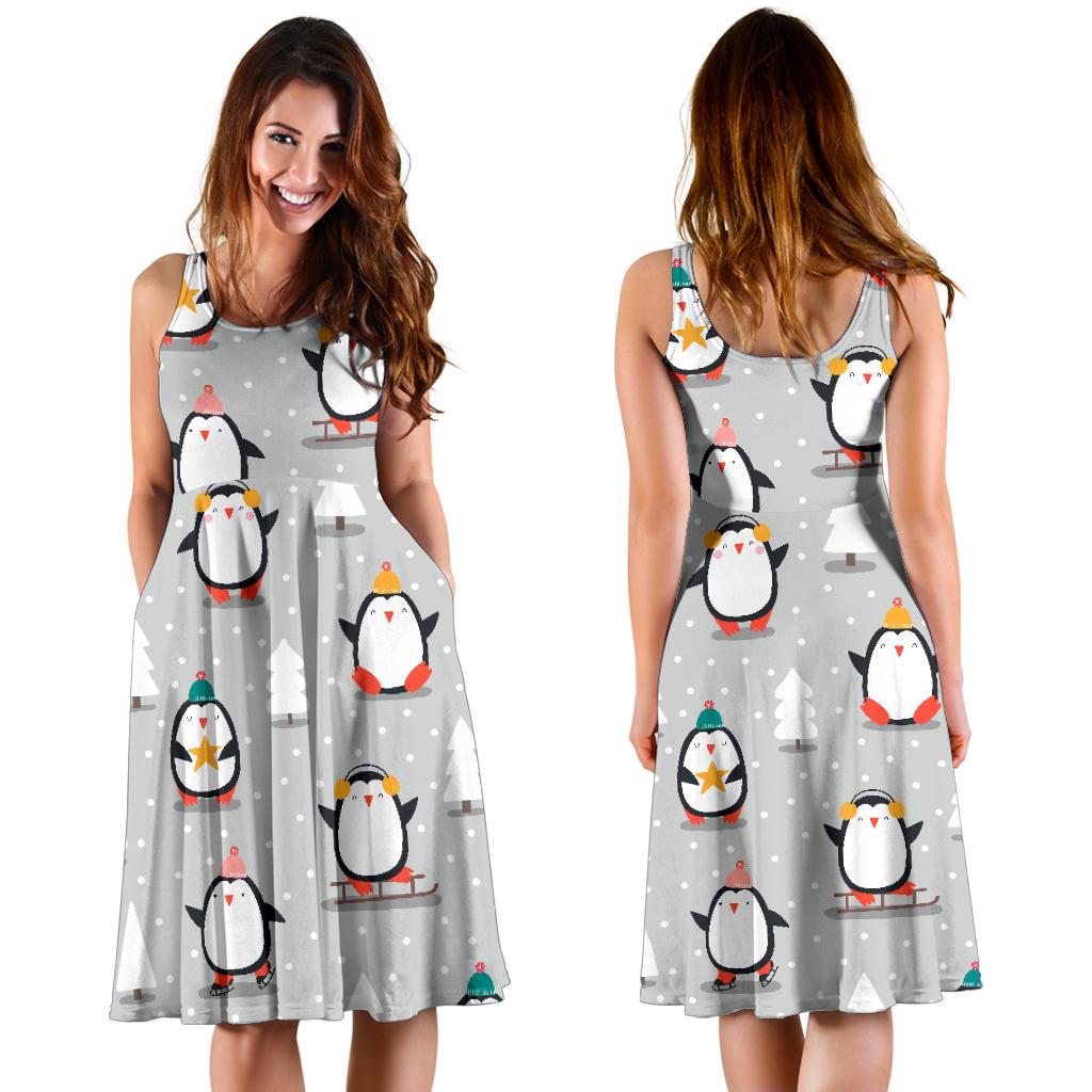 Christmas Tree Penguin Pattern Print Dress-grizzshop