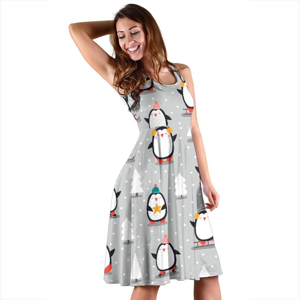 Christmas Tree Penguin Pattern Print Dress-grizzshop