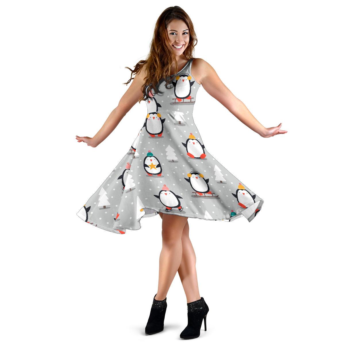 Christmas Tree Penguin Pattern Print Dress-grizzshop