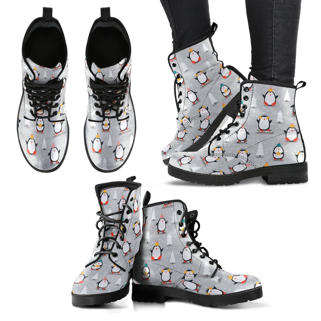 Christmas Tree Penguin Pattern Print Men Women Leather Boots-grizzshop