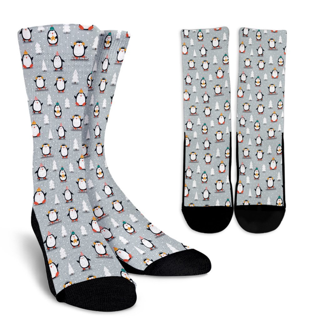 Christmas Tree Penguin Pattern Print Unisex Crew Socks-grizzshop
