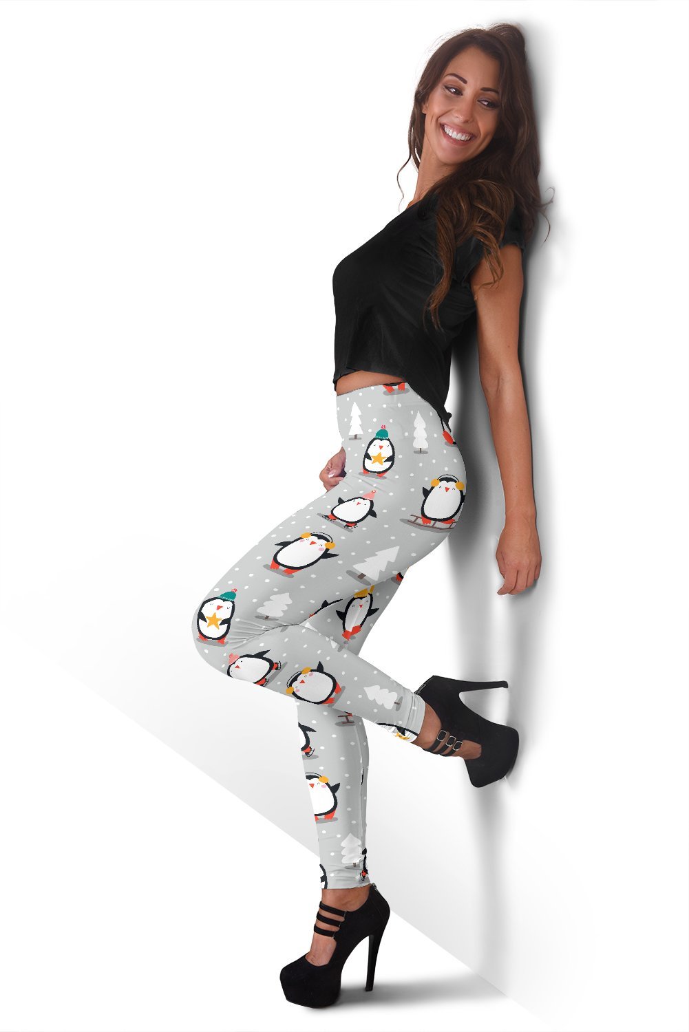 Christmas Tree Penguin Pattern Print Women Leggings-grizzshop