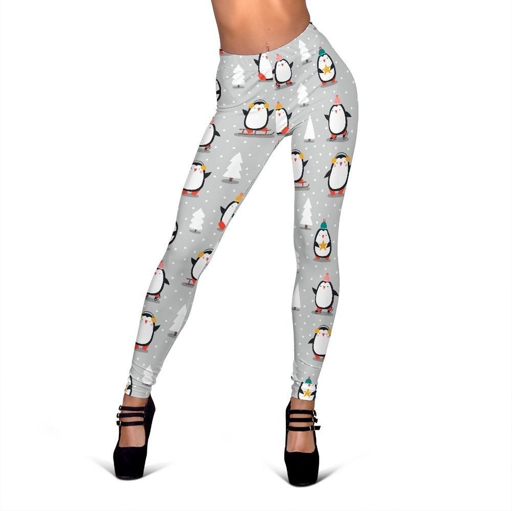 Christmas Tree Penguin Pattern Print Women Leggings-grizzshop