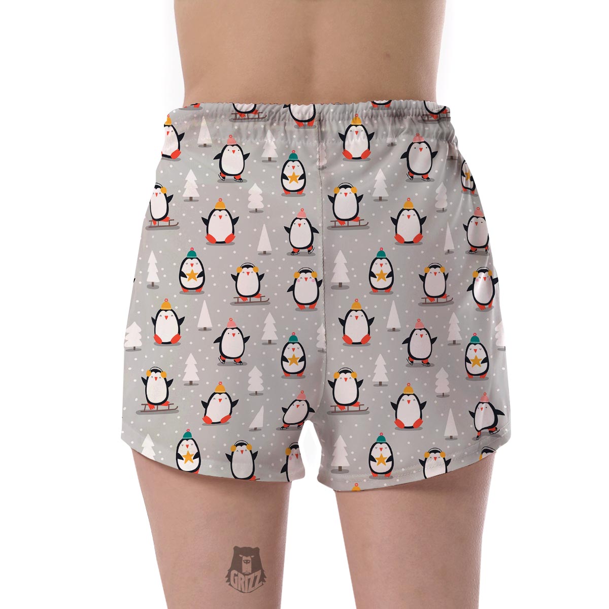Christmas Tree Penguin Pattern Print Women's Shorts-grizzshop