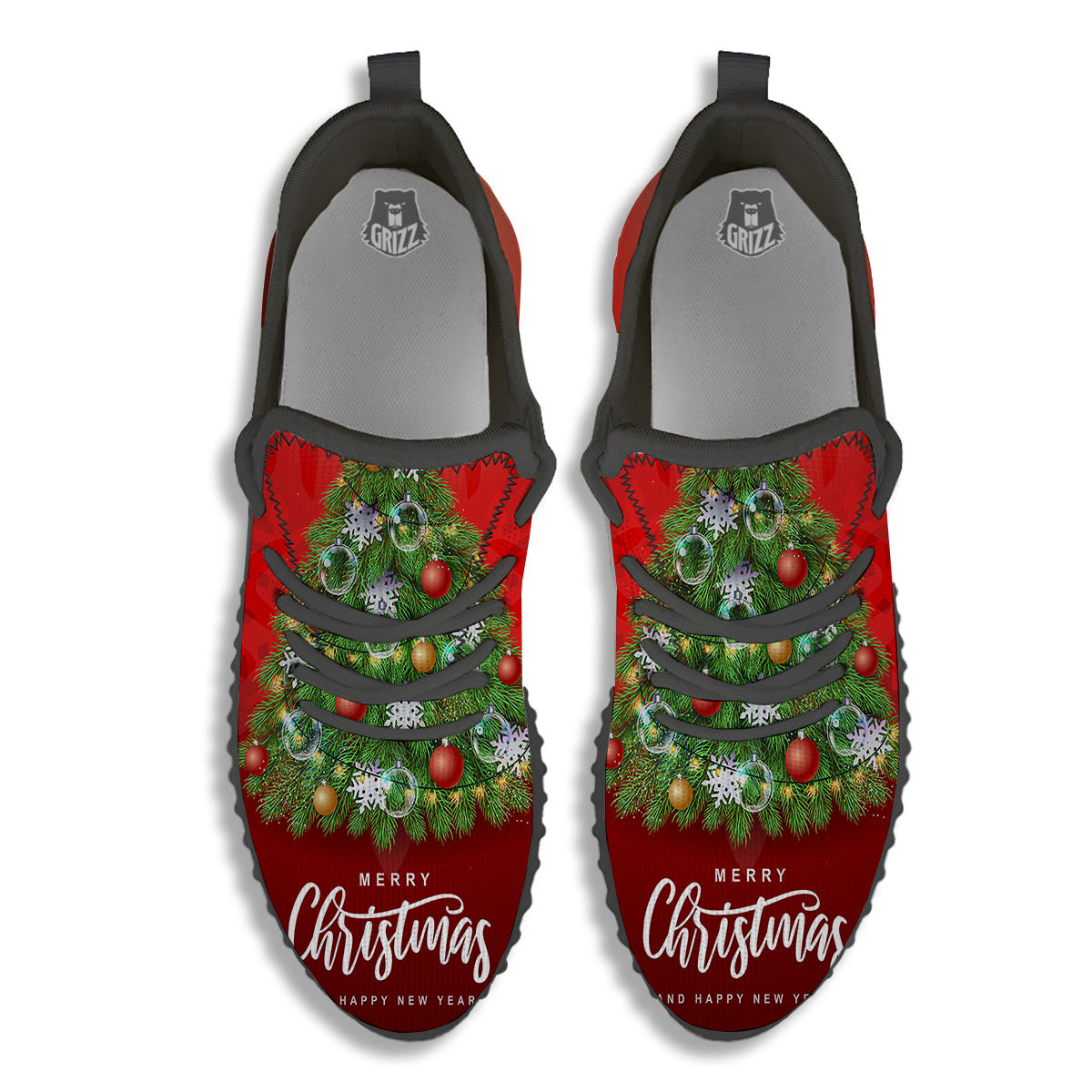 Christmas Tree Print Black Walking Shoes-grizzshop