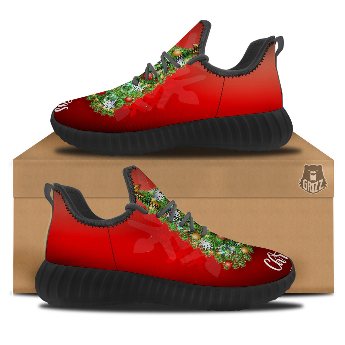 Christmas Tree Print Black Walking Shoes-grizzshop