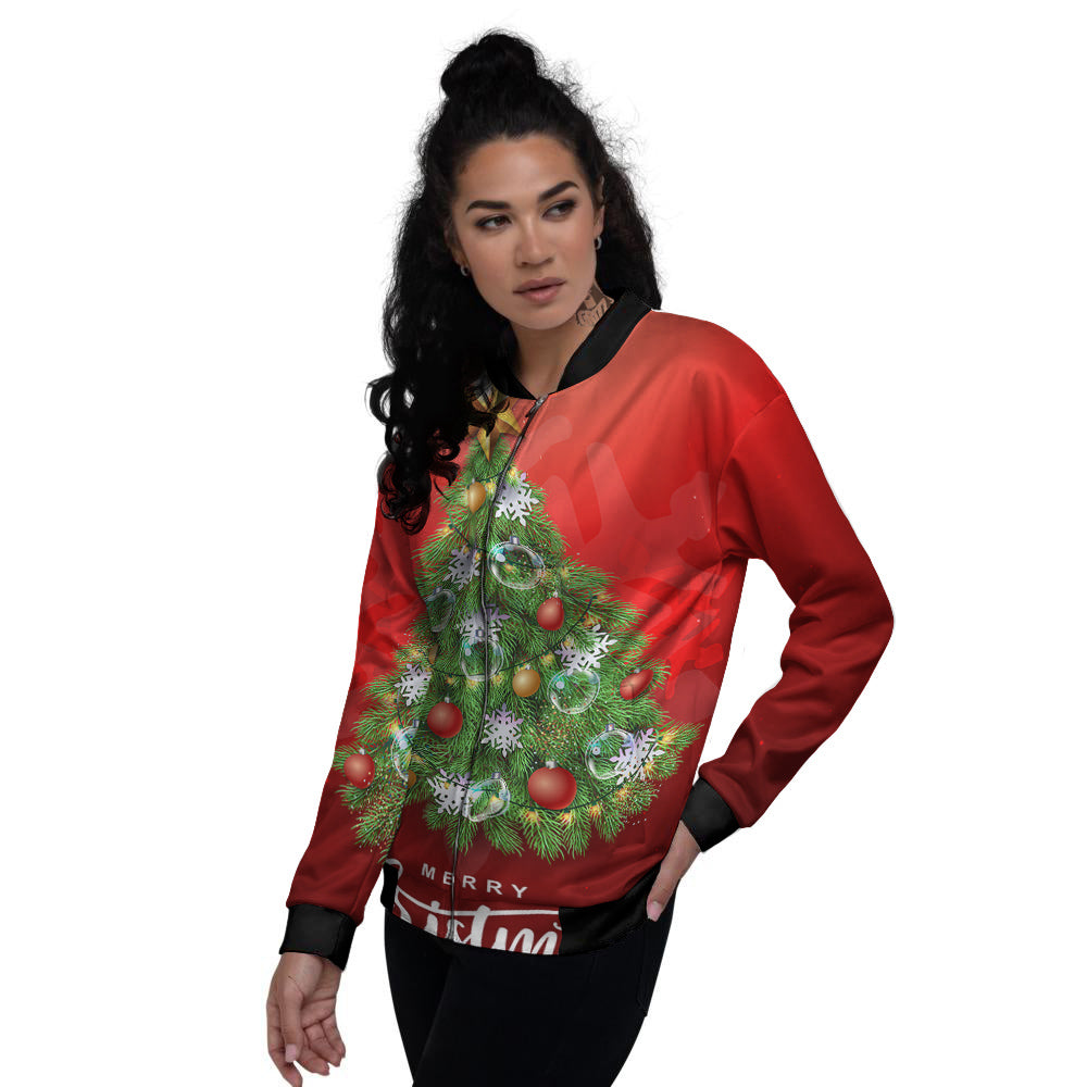 Christmas Tree Print Women's Bomber Jacket-grizzshop