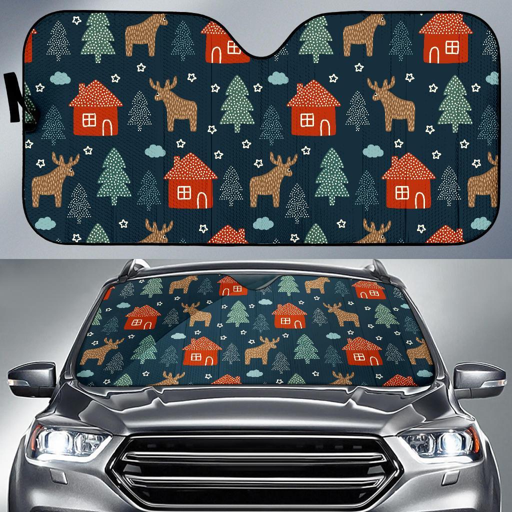 Christmas Tree Reindeer Pattern Print Car Sun Shade-grizzshop