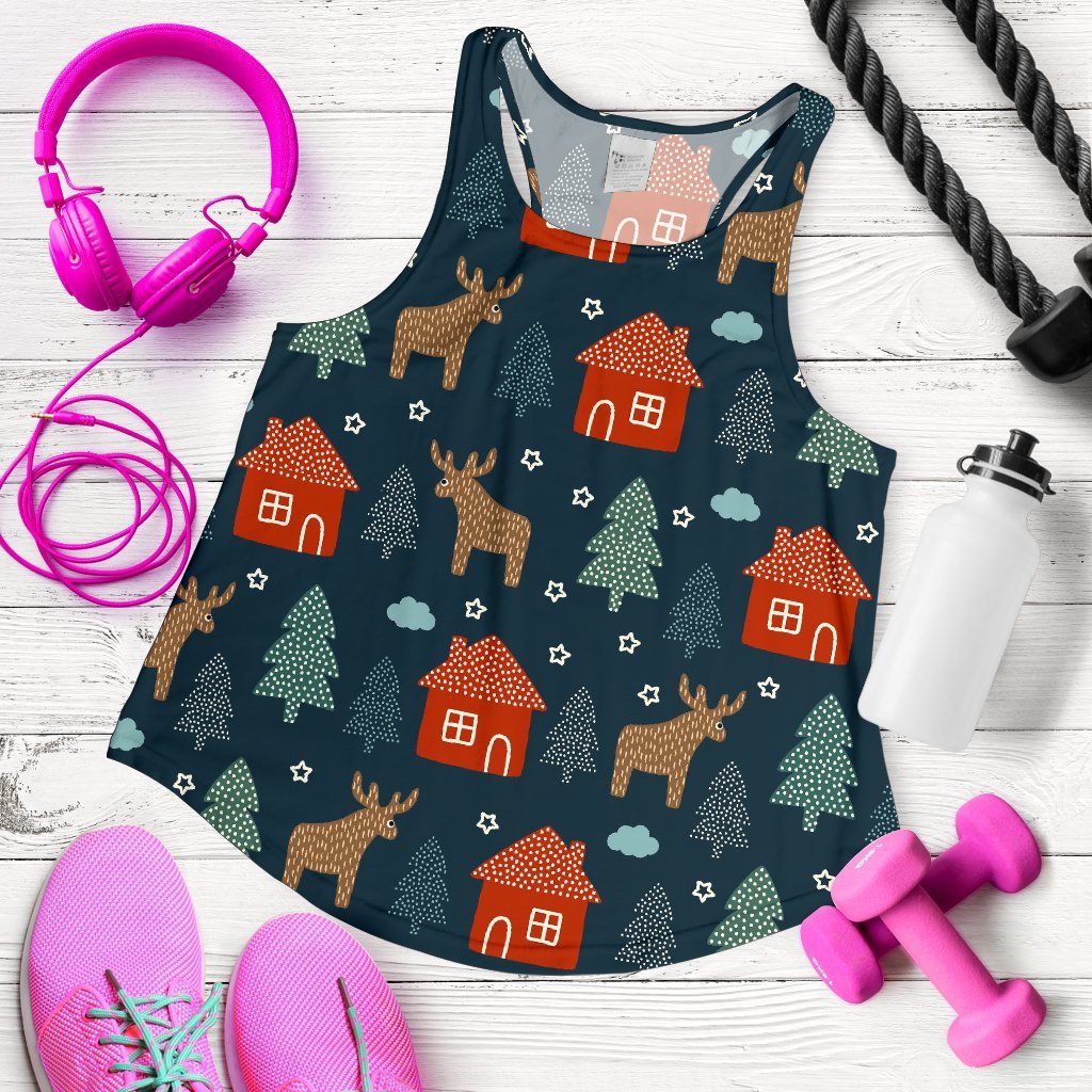 Christmas Tree Reindeer Pattern Print Women's Racerback Tank Tops-grizzshop