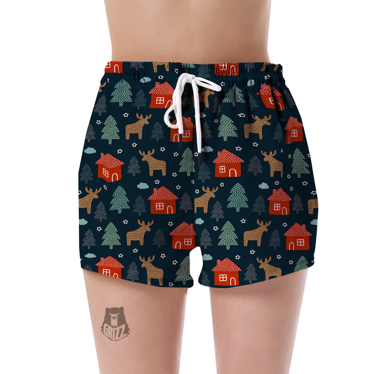 Christmas Tree Reindeer Pattern Print Women's Shorts-grizzshop