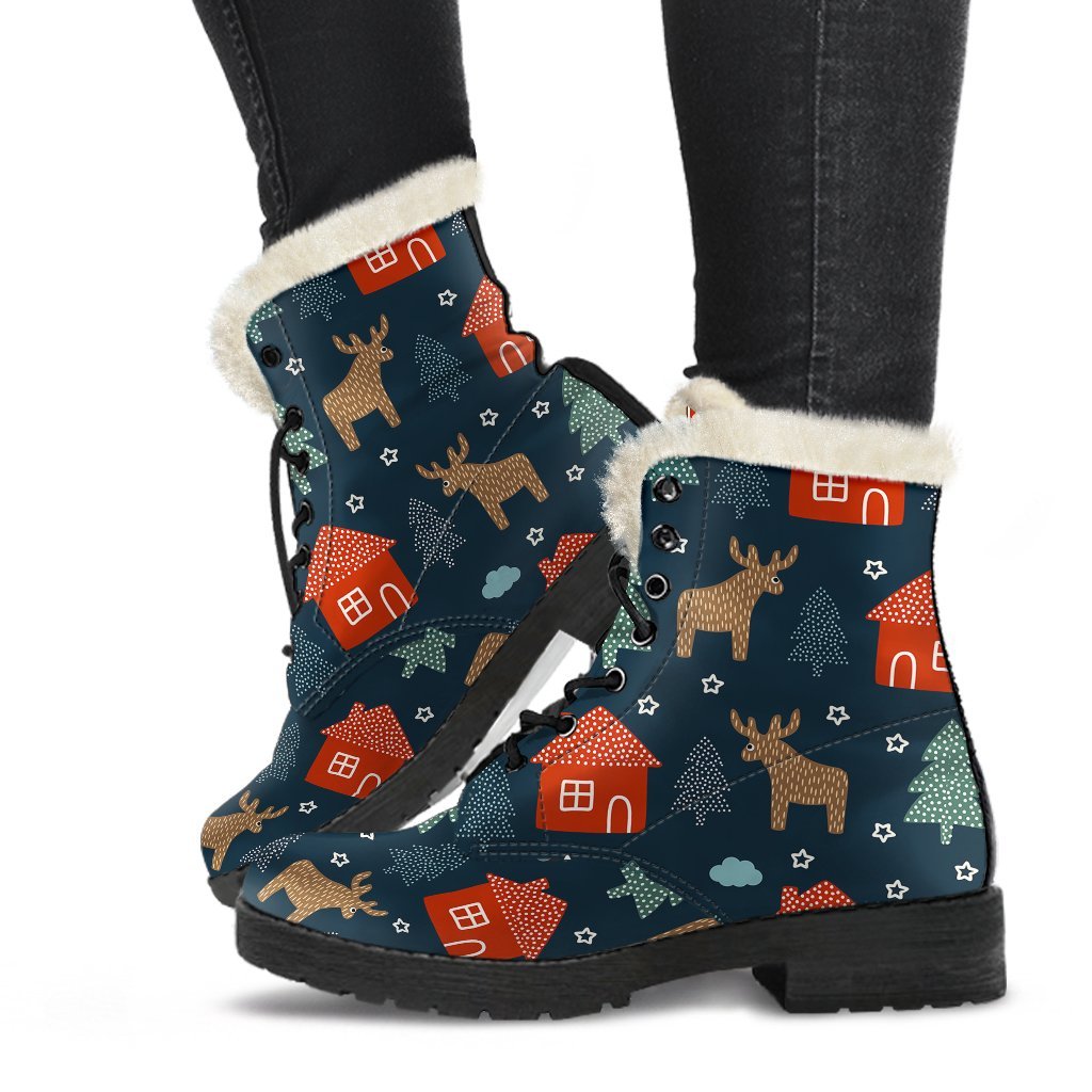 Christmas Tree Reindeer Pattern Print Comfy Winter Boots-grizzshop