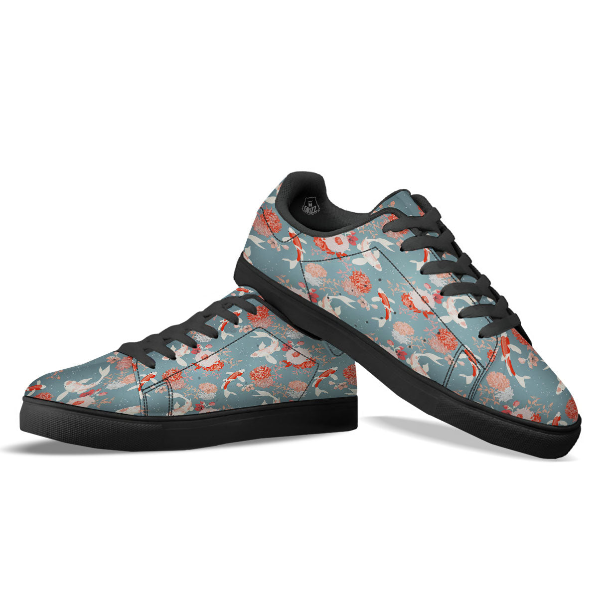 Chrysanthemum And Koi Carp Print Pattern Black Low Top Sneakers-grizzshop