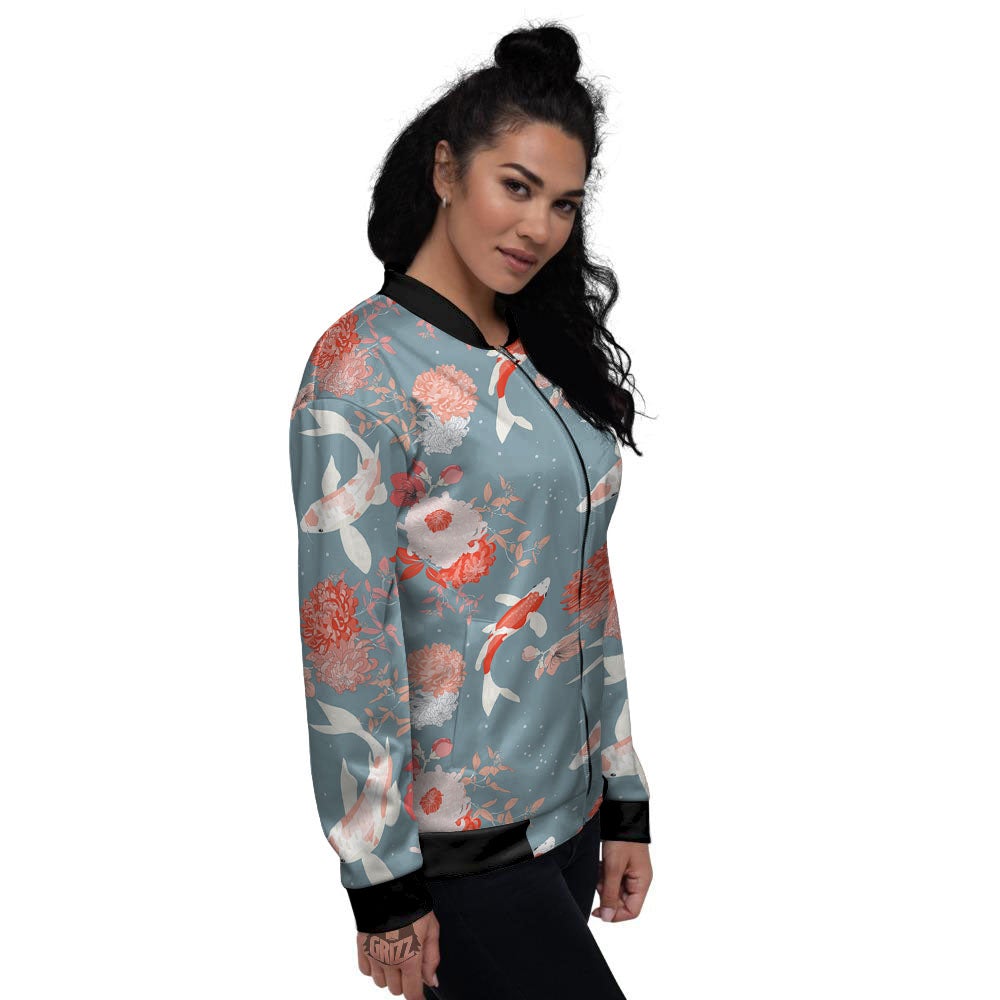 Chrysanthemum And Koi Carp Print Pattern Women's Bomber Jacket-grizzshop