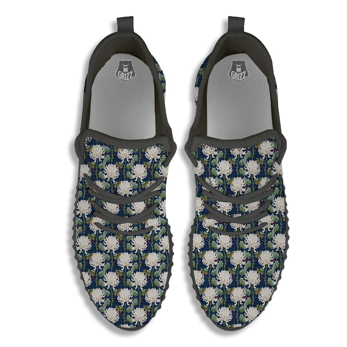 Chrysanthemum Flower Print Black Walking Shoes-grizzshop