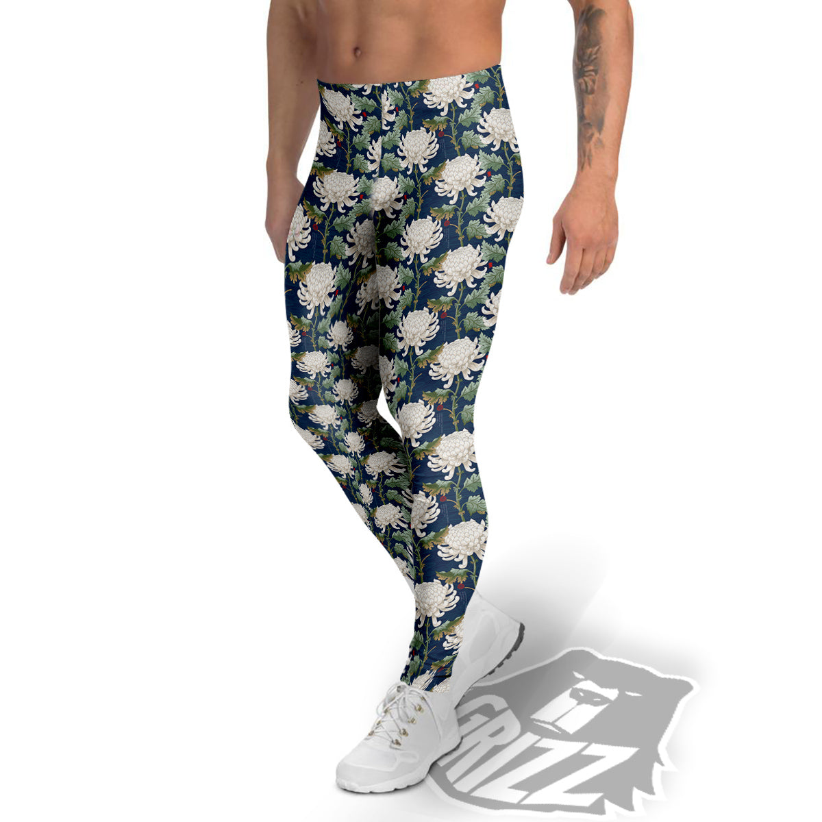 Chrysanthemum Flower Print Men's Leggings-grizzshop