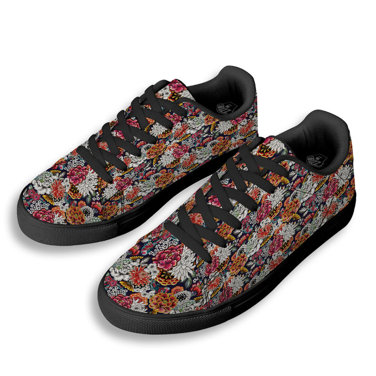 Chrysanthemum Japanese Print Pattern Black Low Top Sneakers-grizzshop