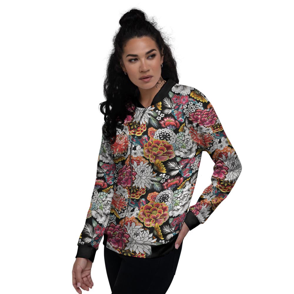 Chrysanthemum Watercolor Print Women's Bomber Jacket-grizzshop