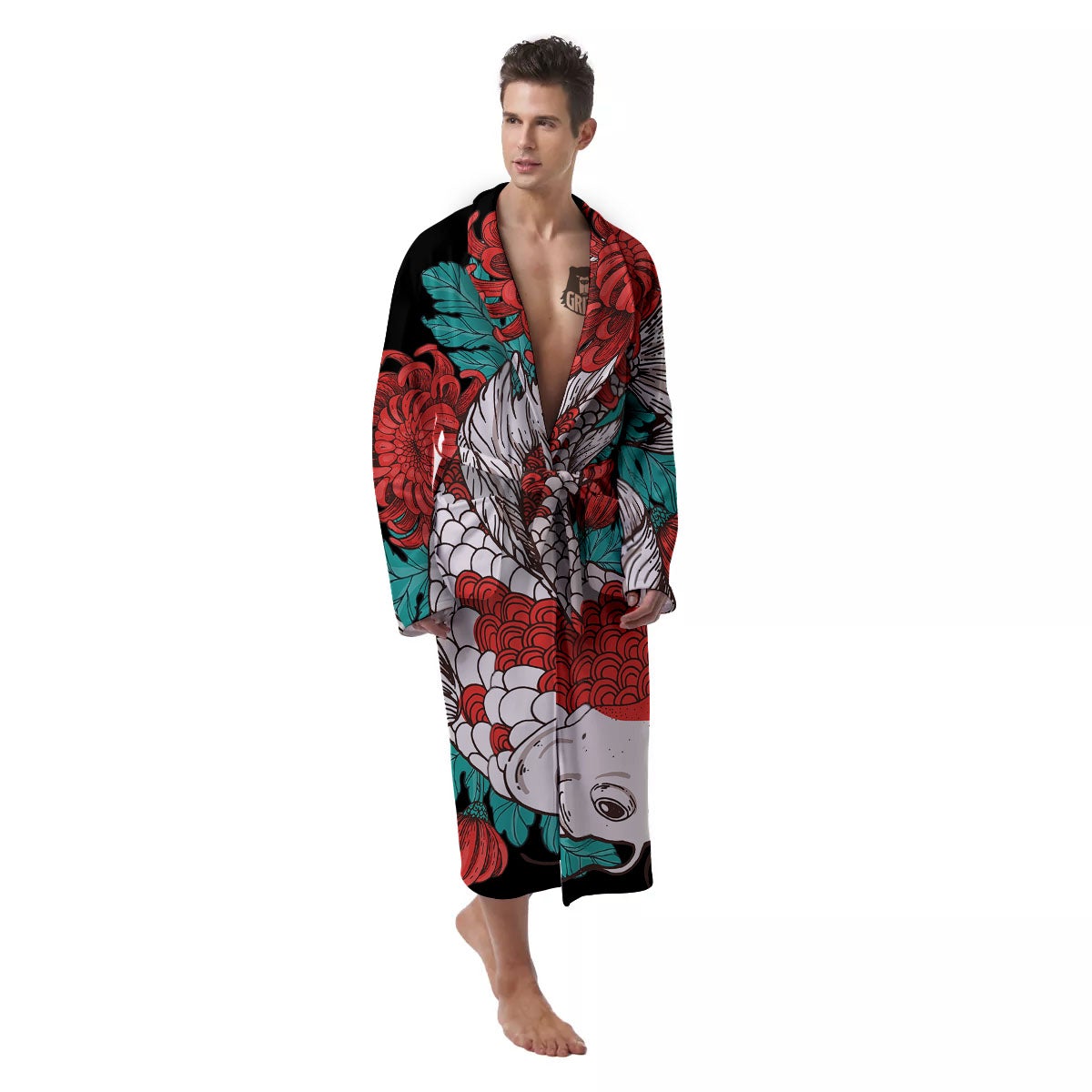 Chrysanthemums And Japanese Koi Print Men's Robe-grizzshop
