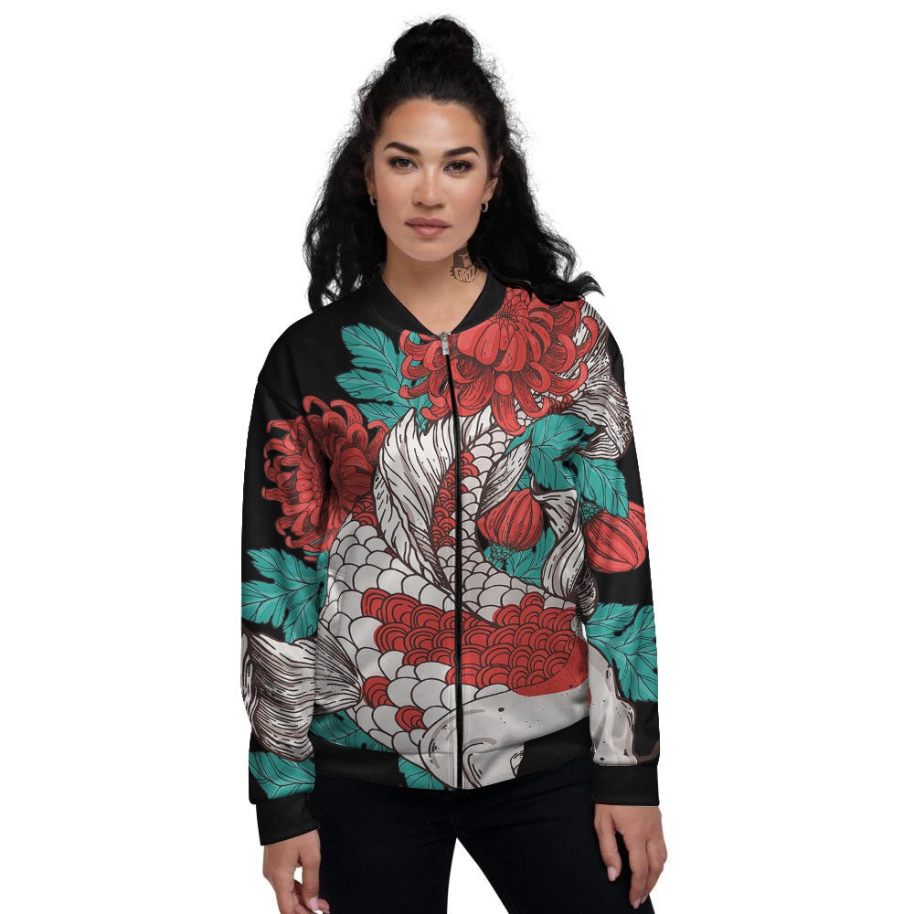 Chrysanthemums And Japanese Koi Print Women's Bomber Jacket-grizzshop