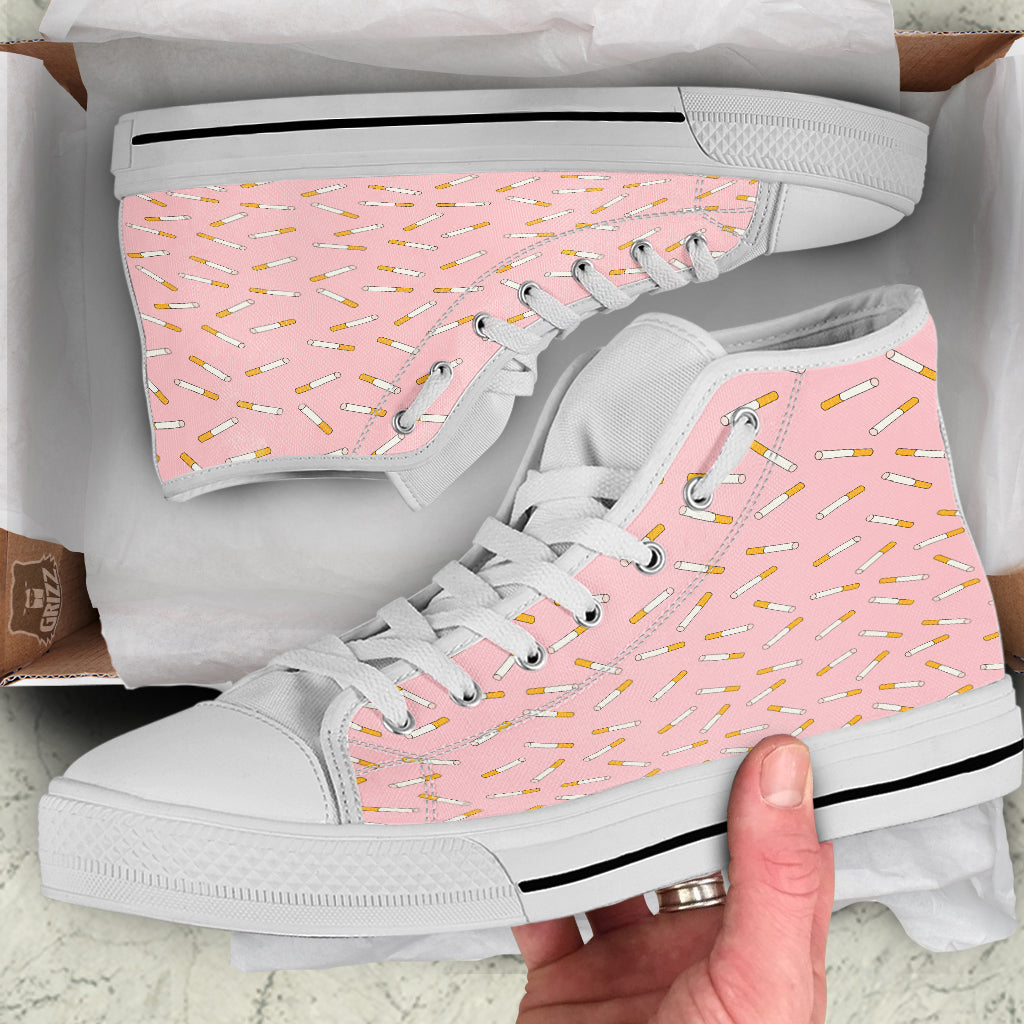 Cigarette And Pink Print Pattern White High Top Shoes-grizzshop