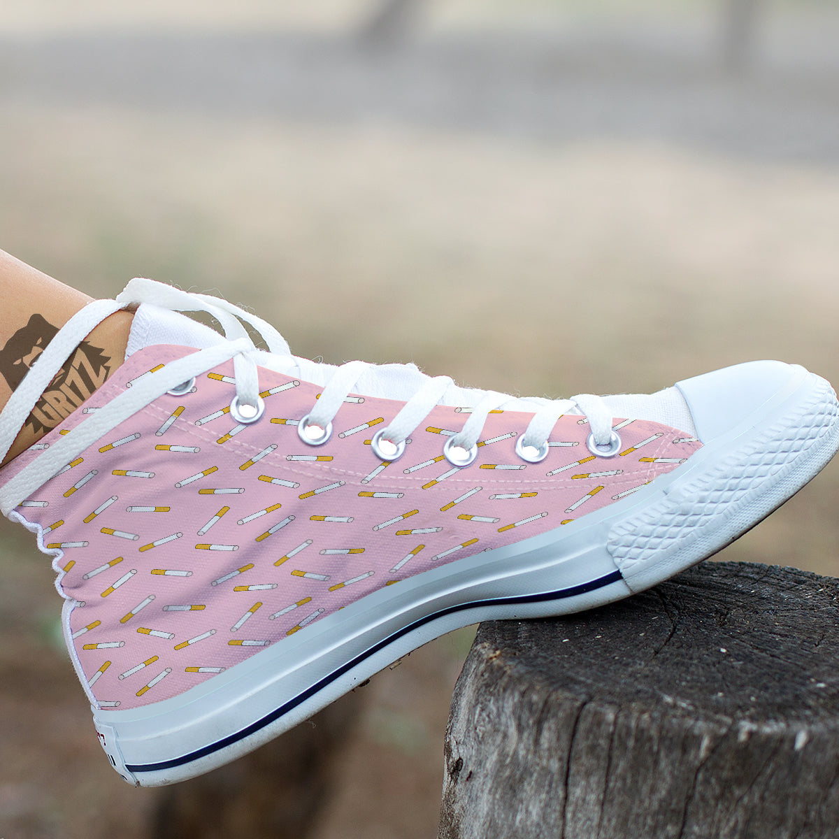 Cigarette And Pink Print Pattern White High Top Shoes-grizzshop