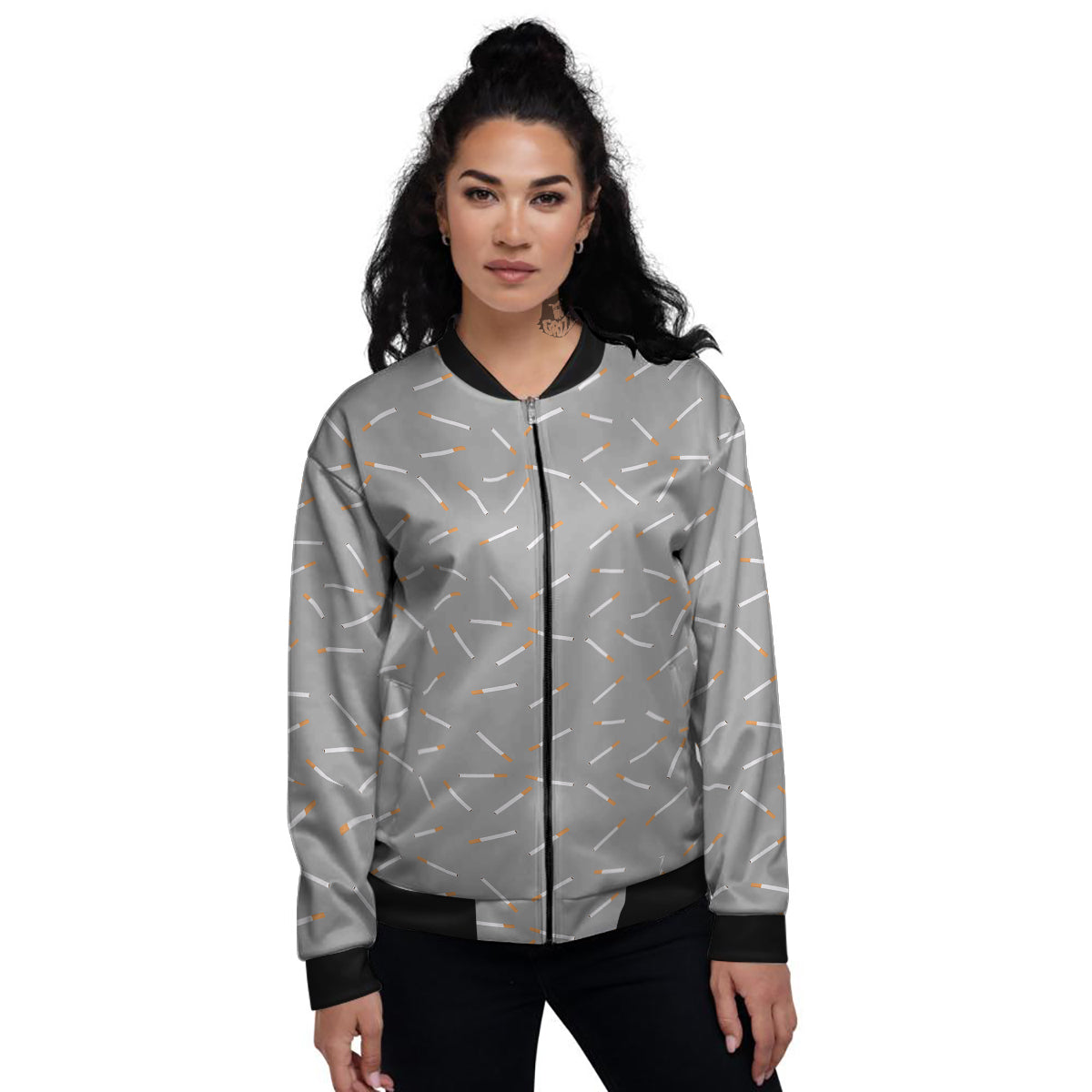Cigarette Gray Print Pattern Women's Bomber Jacket-grizzshop