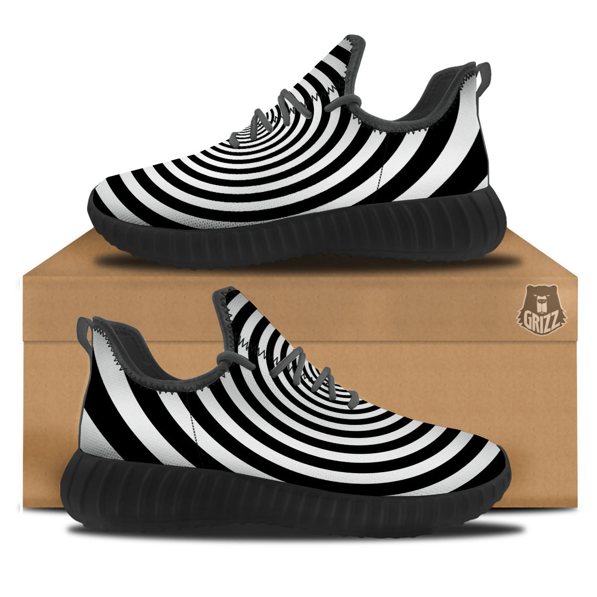 Circle Illusion White And Black Print Black Walking Shoes-grizzshop
