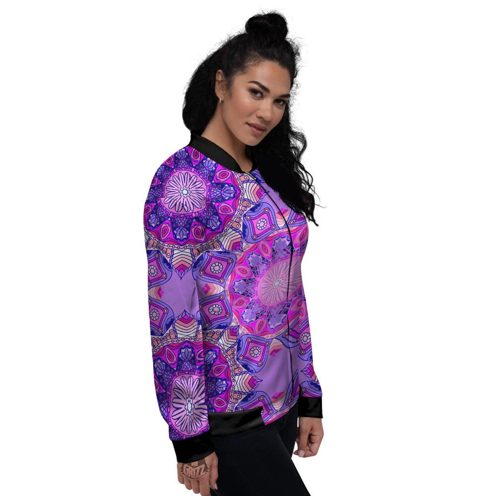 Circle Mandala Purple Print Women's Bomber Jacket-grizzshop
