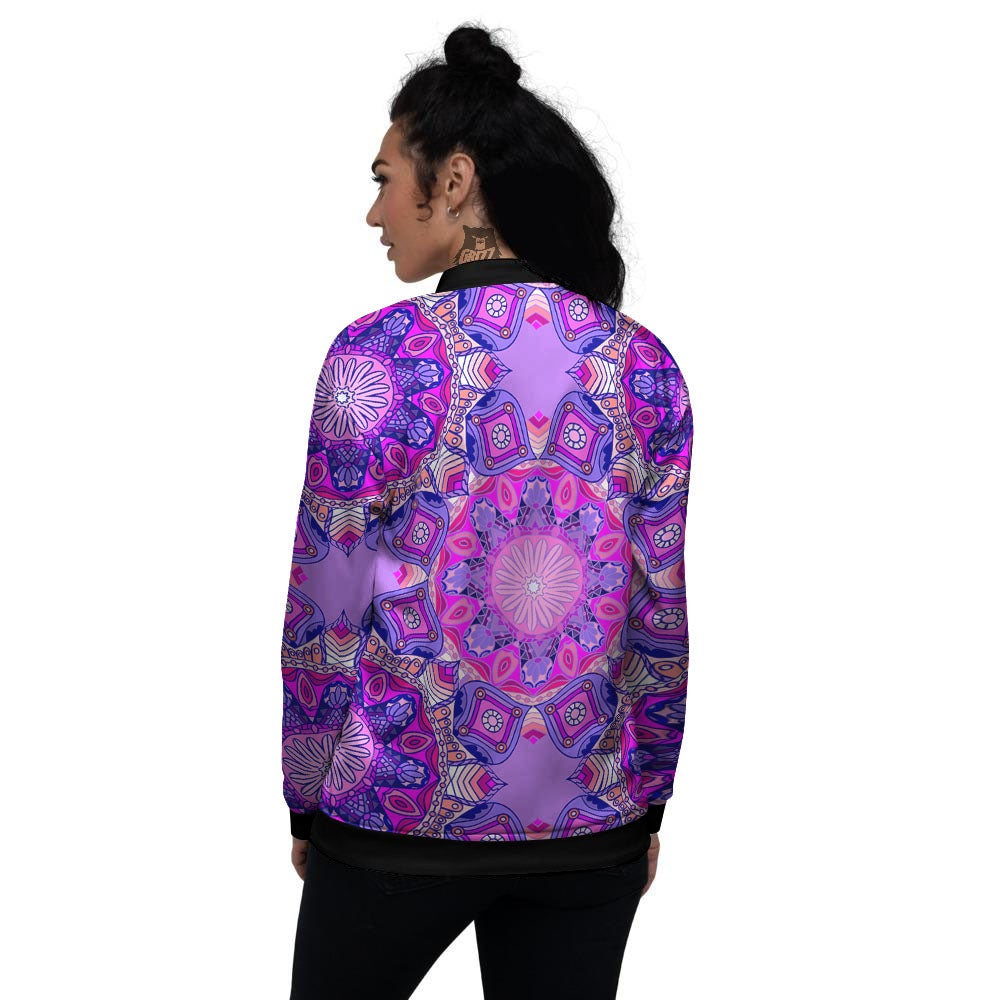 Circle Mandala Purple Print Women's Bomber Jacket-grizzshop
