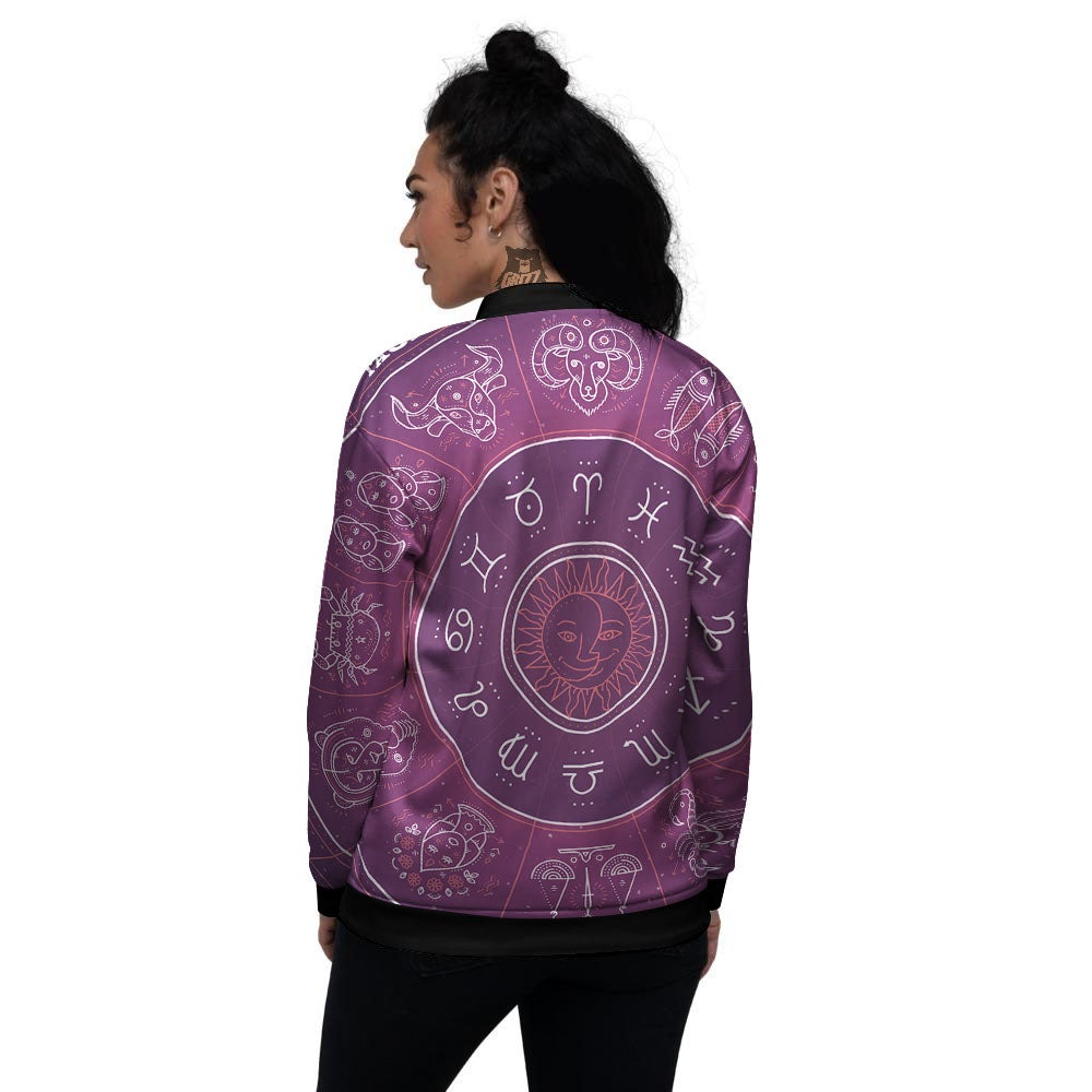 Circle Zodiac Symbols Print Women's Bomber Jacket-grizzshop