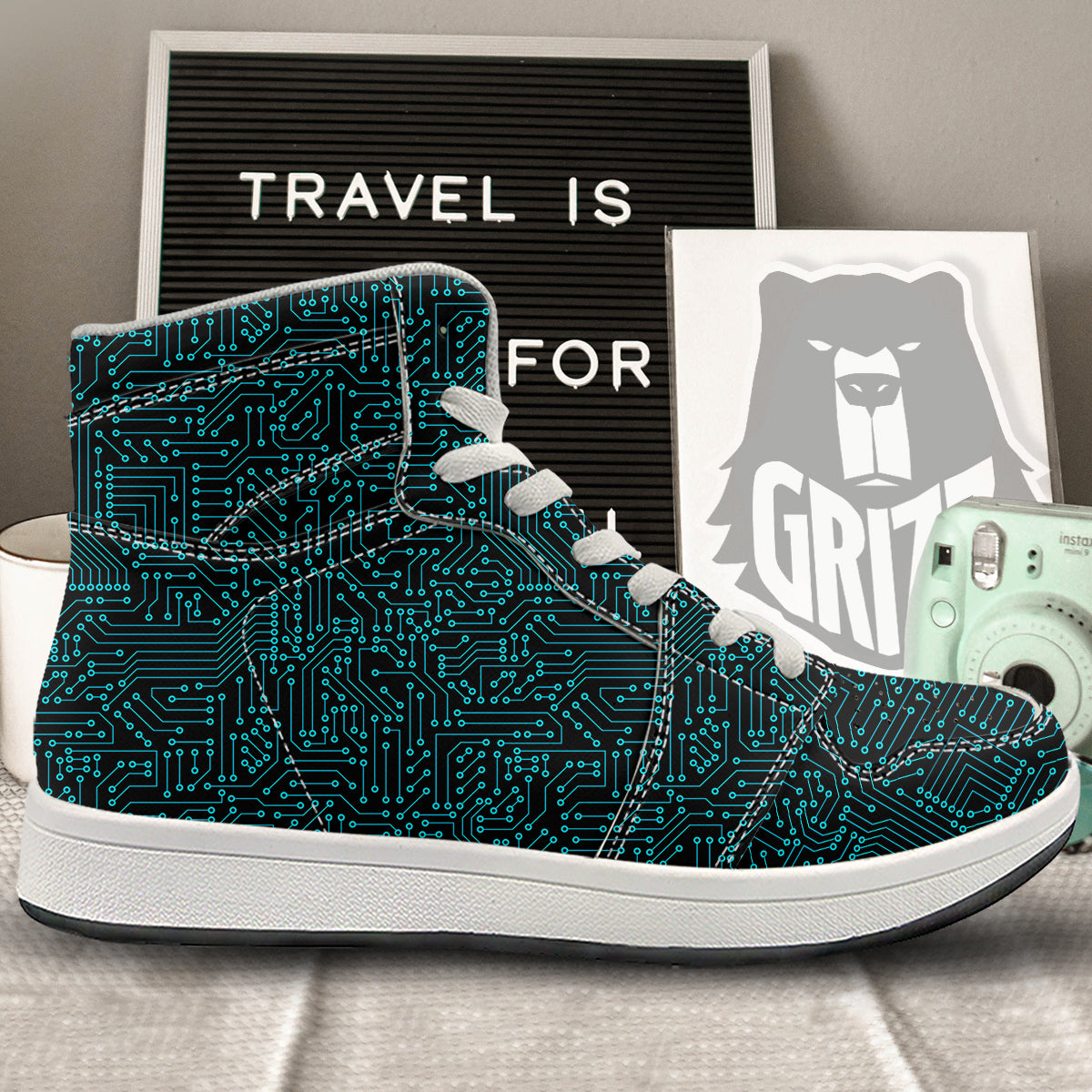 Circuit Black Blue Print Pattern High Top Sneakers-grizzshop