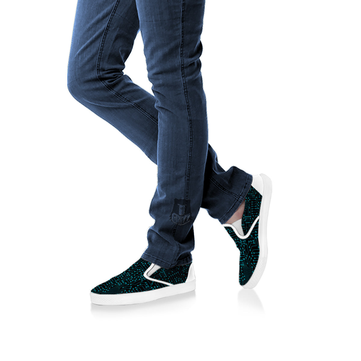 Circuit Black Blue Print Pattern White Slip On Shoes-grizzshop