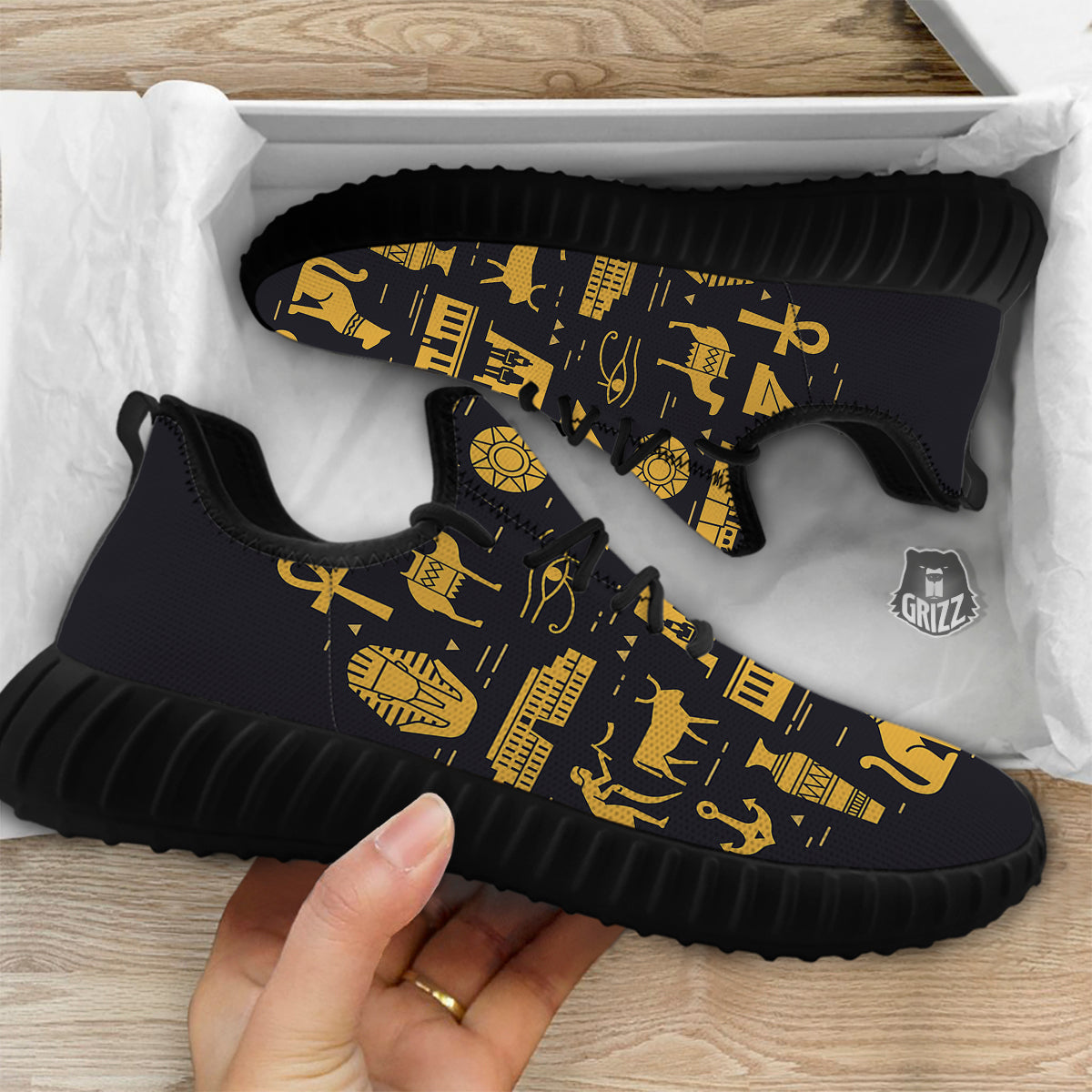 Circular Symbols Of Egypt Print Black Walking Shoes-grizzshop