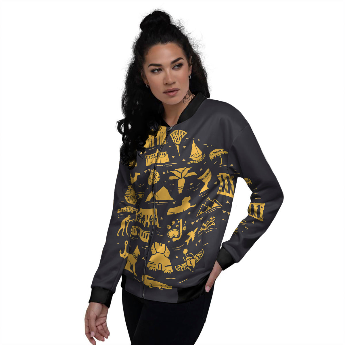 Circular Symbols Of Egypt Print Women's Bomber Jacket-grizzshop