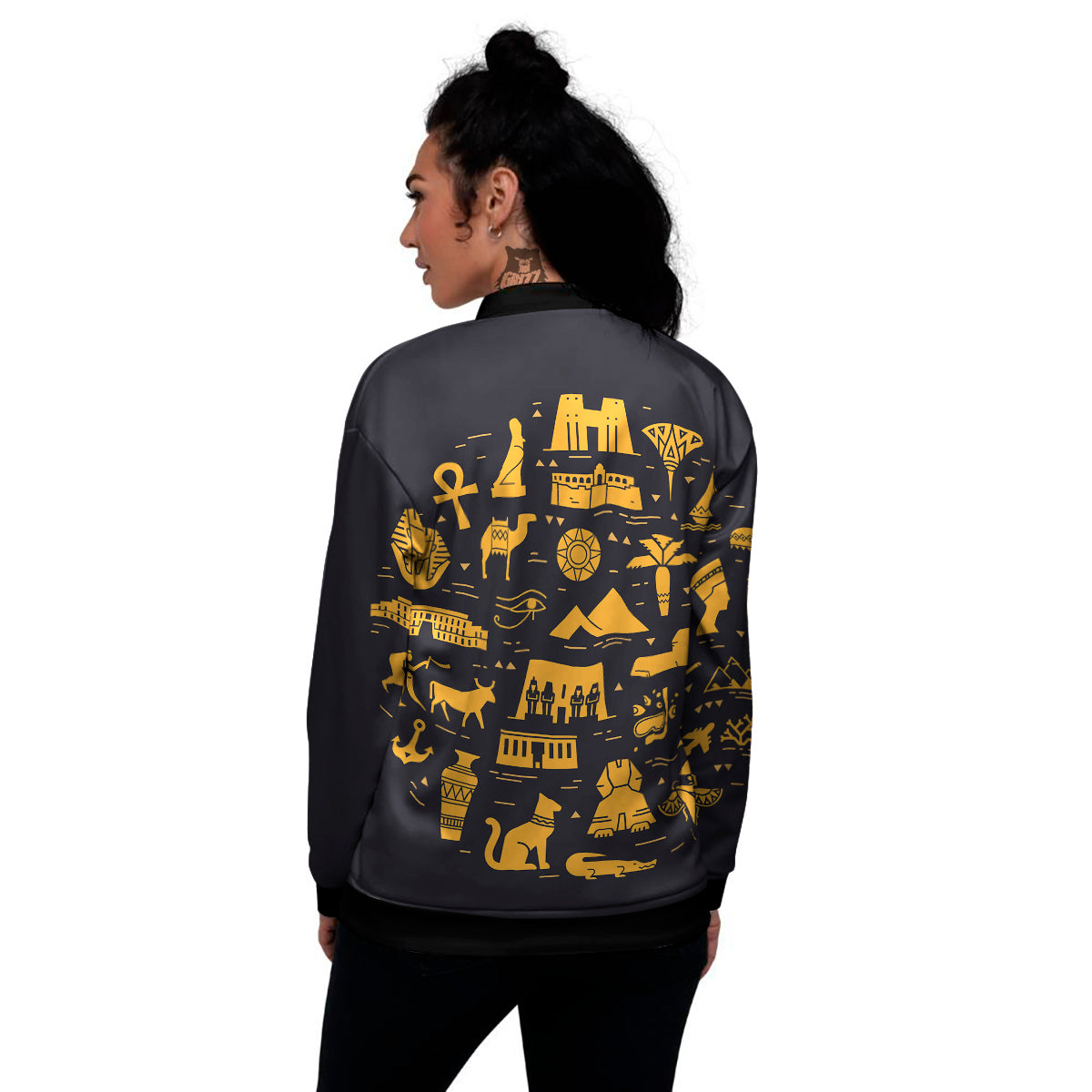 Circular Symbols Of Egypt Print Women's Bomber Jacket-grizzshop