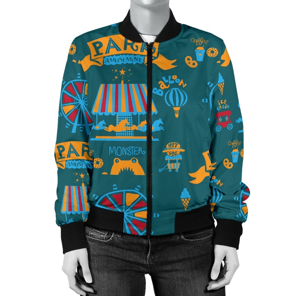 Circus Amusement Park Pattern Print Women Casual Bomber Jacket-grizzshop