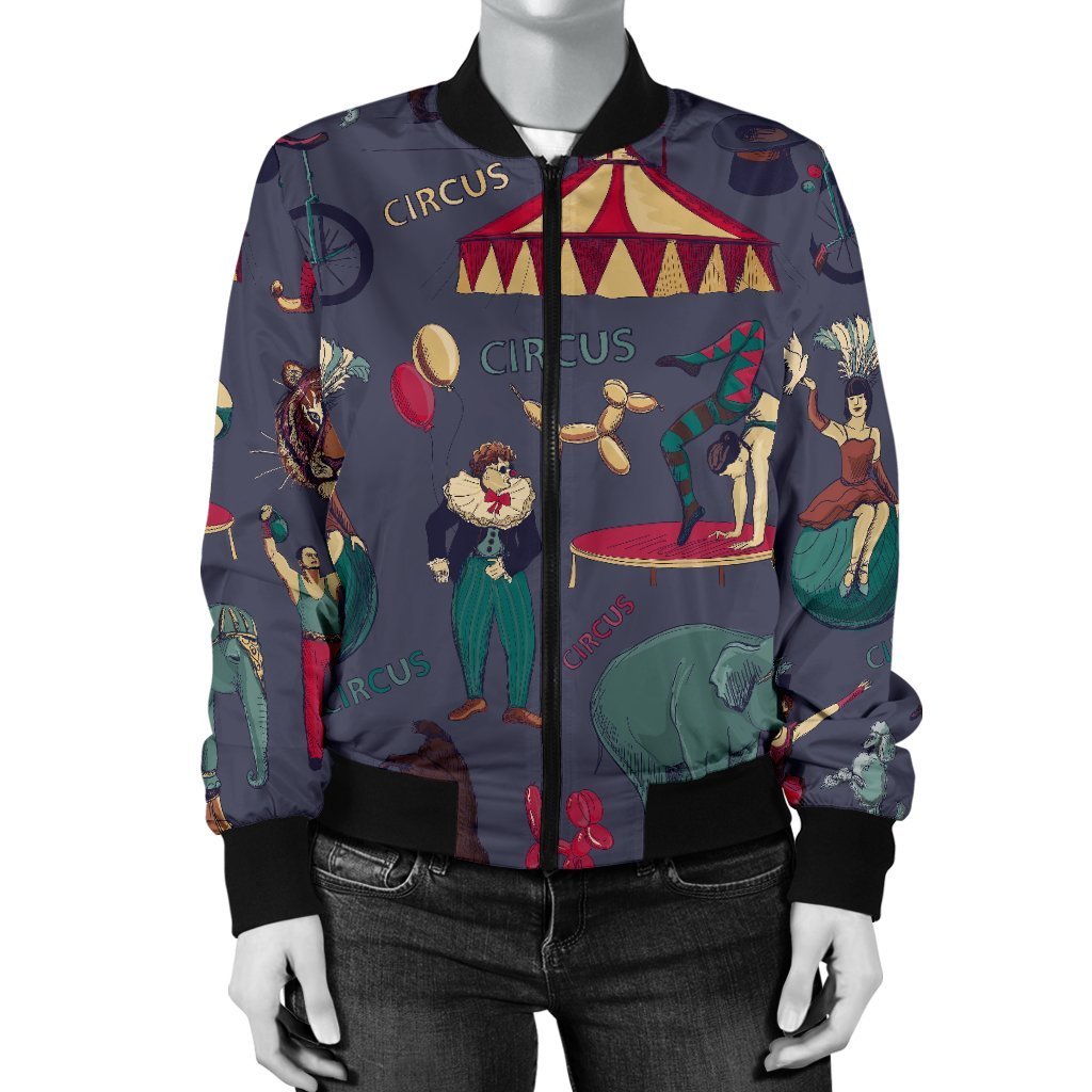 Circus Print Pattern Women Casual Bomber Jacket-grizzshop