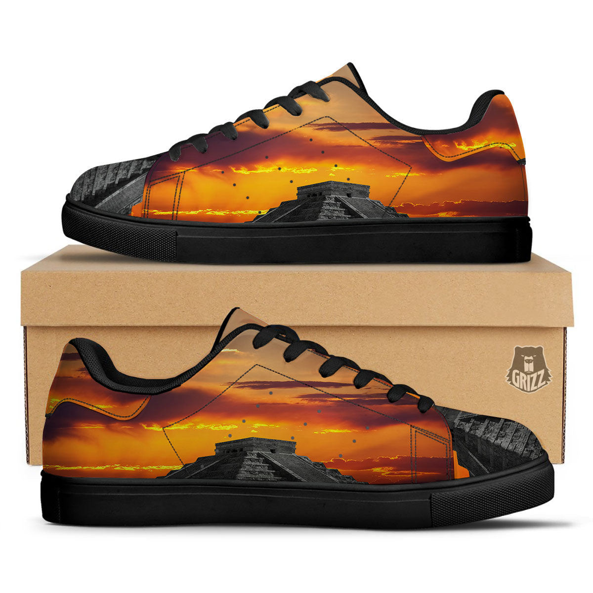 Civilization Mayan Print Black Low Top Sneakers-grizzshop