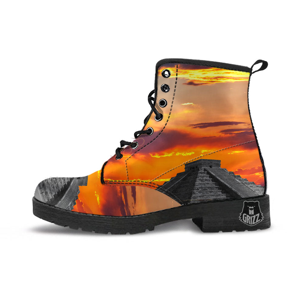 Civilization Mayan Print Leather Boots-grizzshop