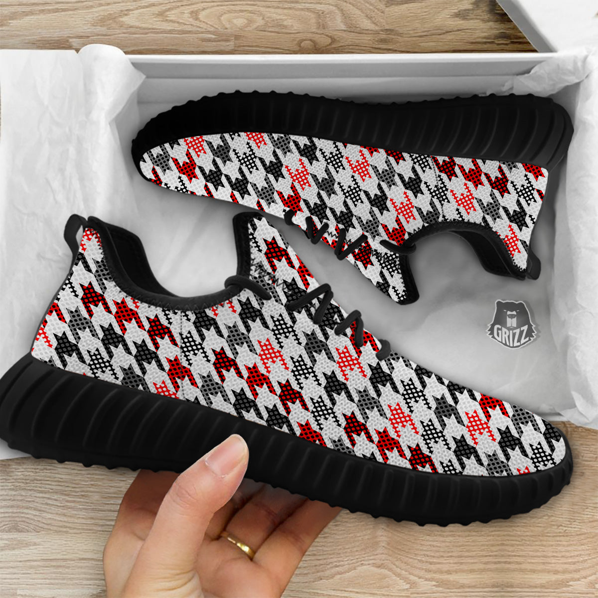 Classic Polka Dot In Houndstooth Print Pattern Black Walking Shoes-grizzshop