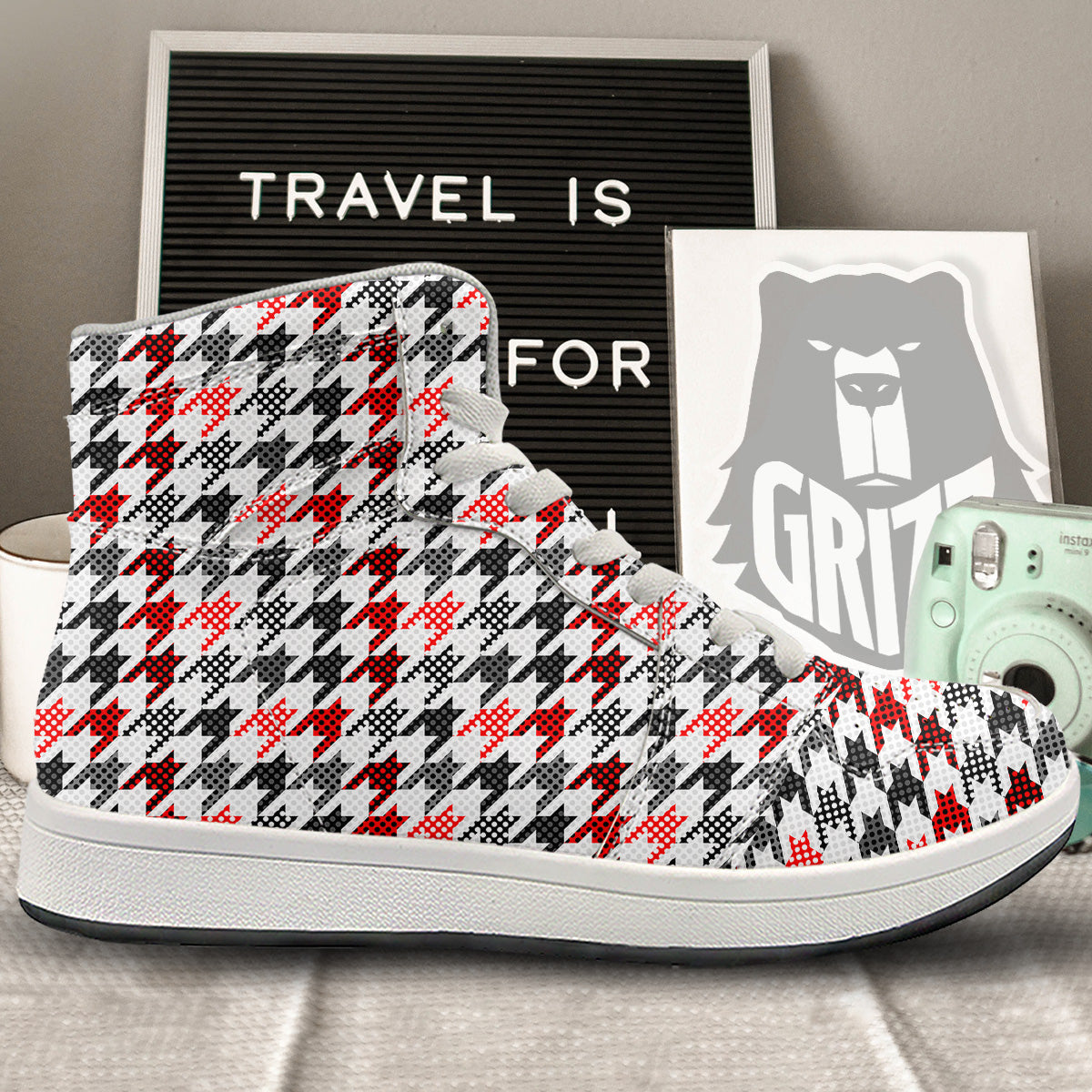Classic Polka Dot In Houndstooth Print Pattern High Top Sneakers-grizzshop