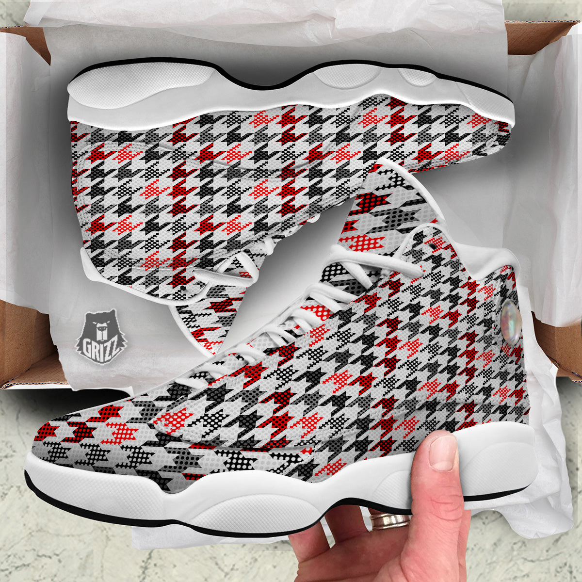 Classic Polka Dot In Houndstooth Print Pattern White Basketball Shoes-grizzshop