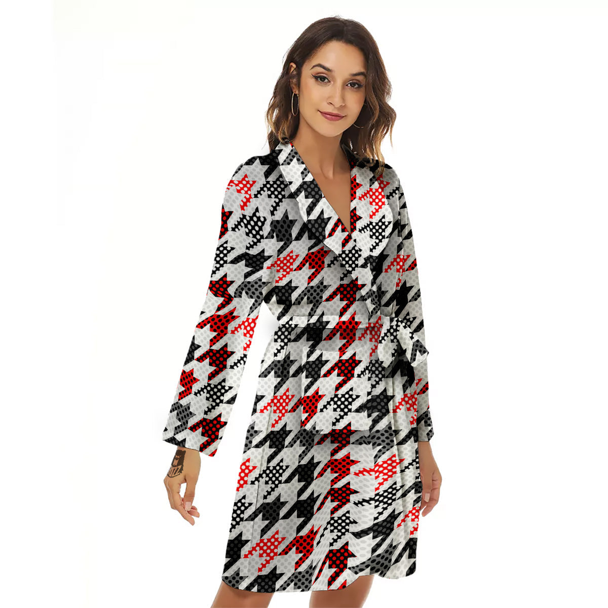 Classic Polka Dot In Houndstooth Print Pattern Women's Robe-grizzshop