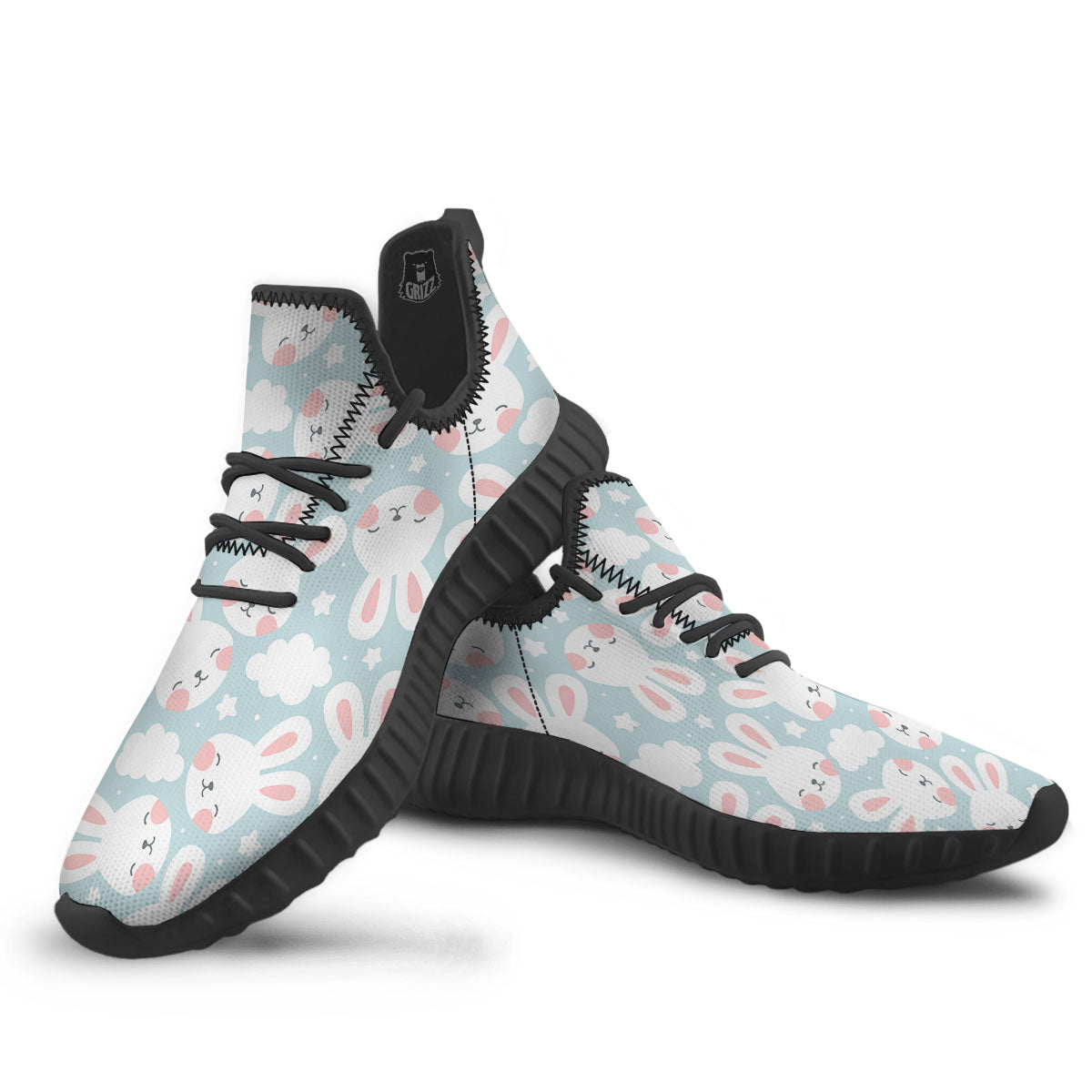 Cloud And Rabbit Print Pattern Black Walking Shoes-grizzshop