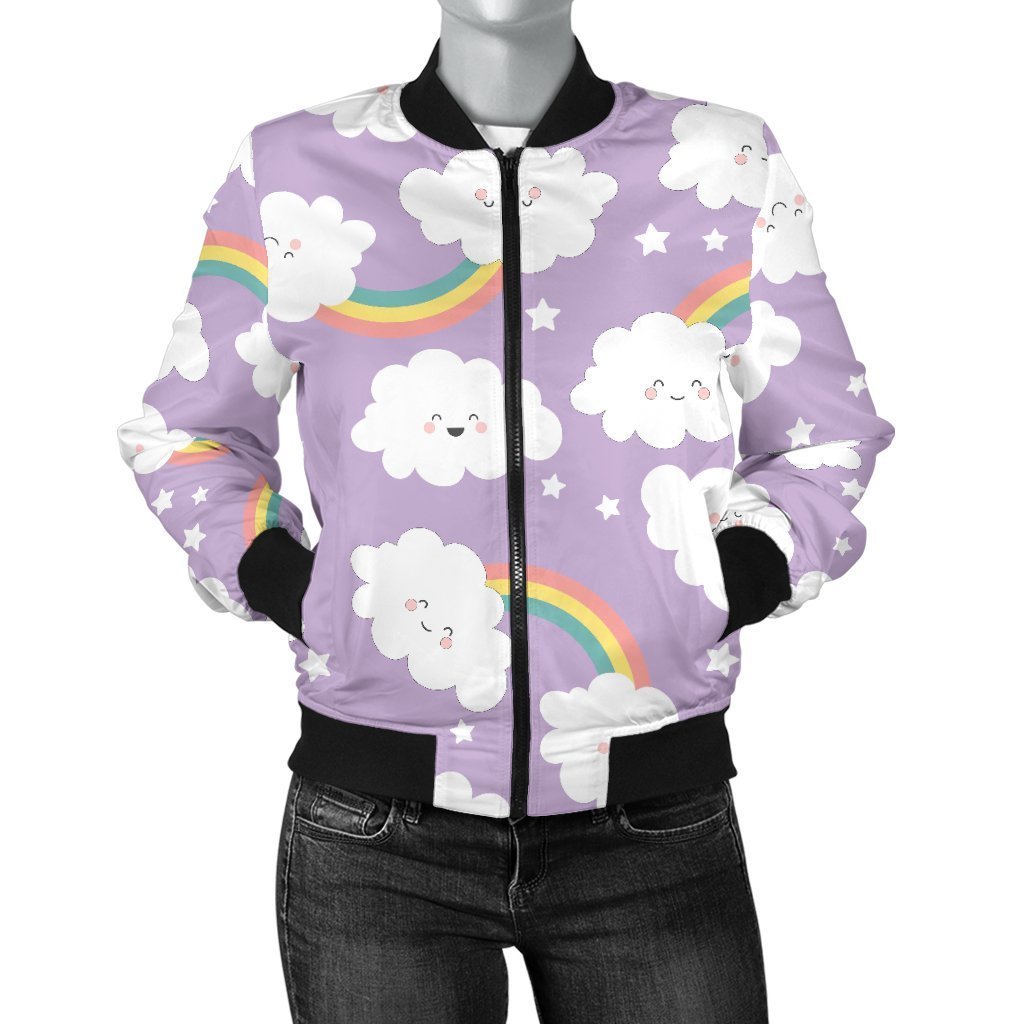 Cloud Smile Pattern Print Women Casual Bomber Jacket-grizzshop