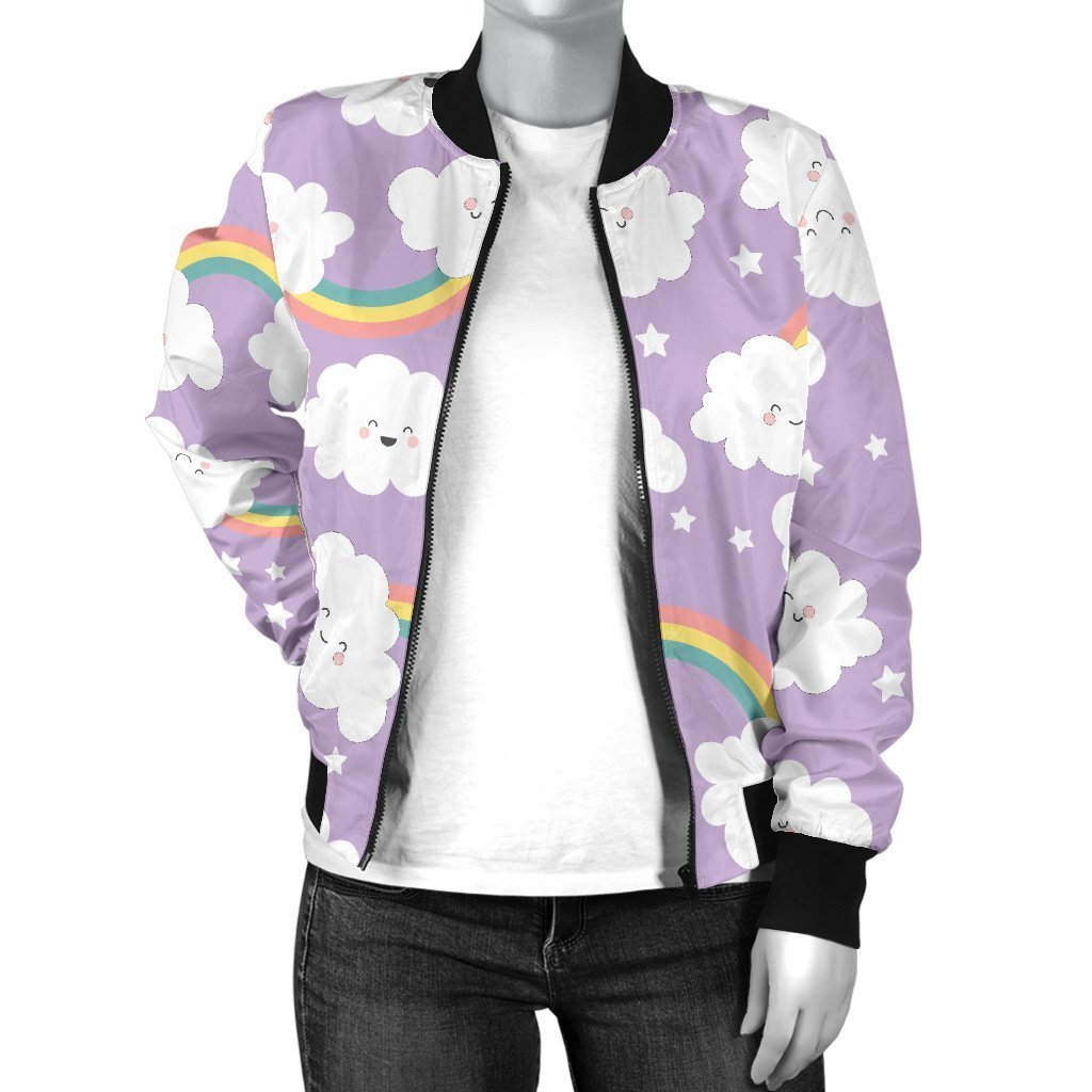 Cloud Smile Pattern Print Women Casual Bomber Jacket-grizzshop